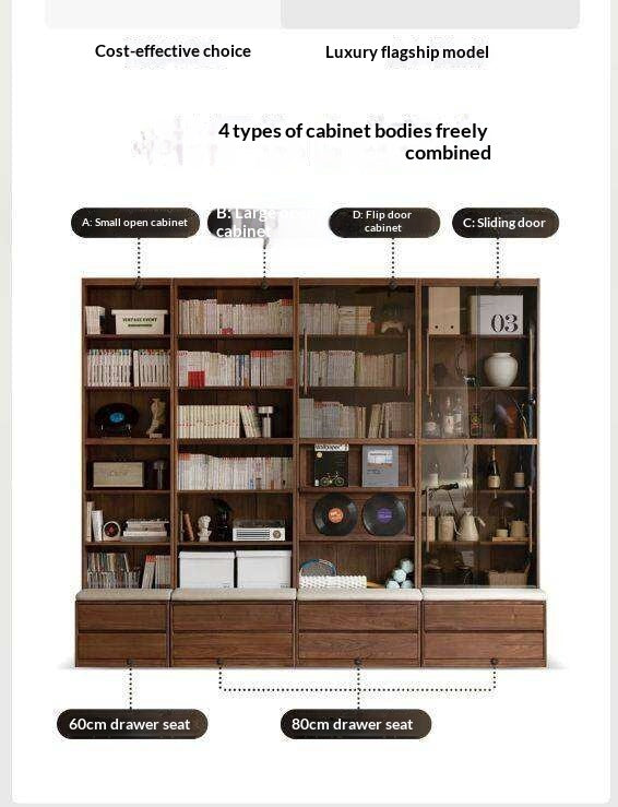 Black Walnut, Sandalwood Solid Wood Light Luxury Combined Bookshelf With Seat