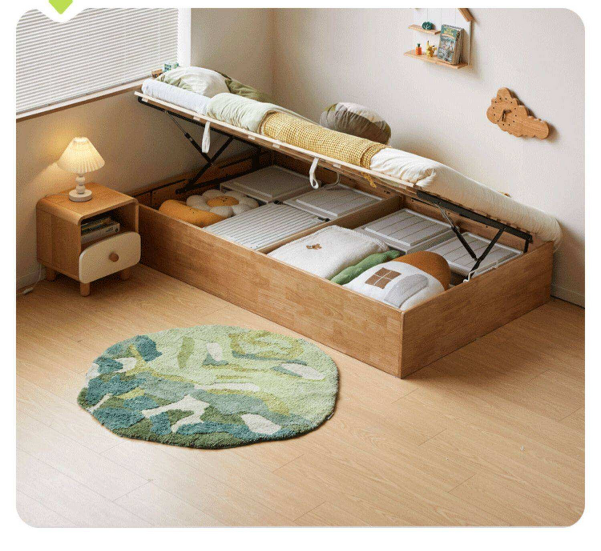 Oak Solid Wood Kids Storage Bed with End-Lift Opening