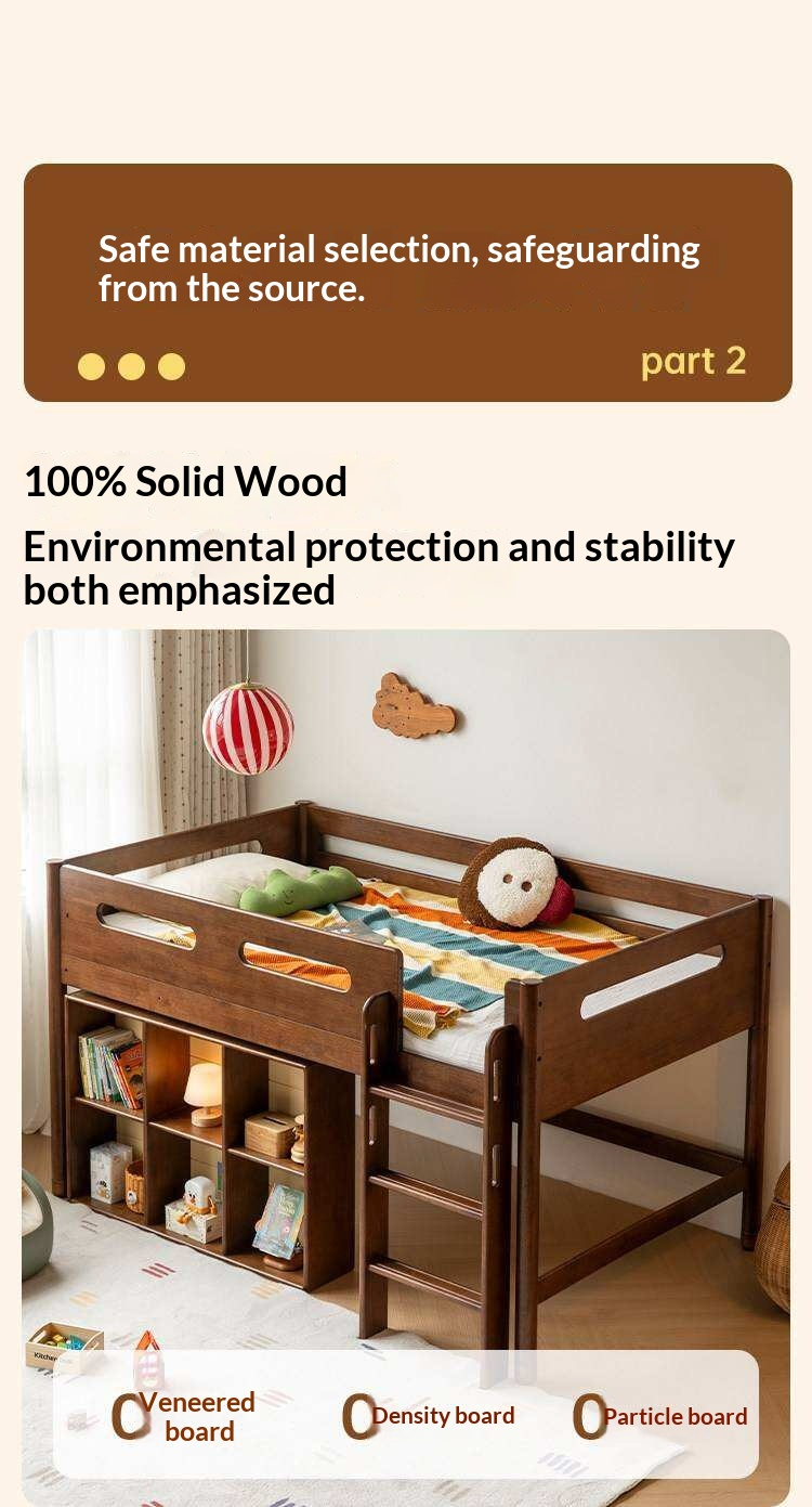 Rubberwood Solid Wood Mid-Height Kids Loft Bed with Staircase and Bookshelf Storage