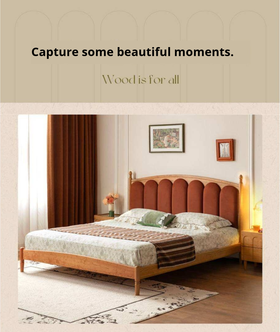 Cherry Solid Wood Genuine Leather, Velvet French-Inspired Scalloped Headboard Bed