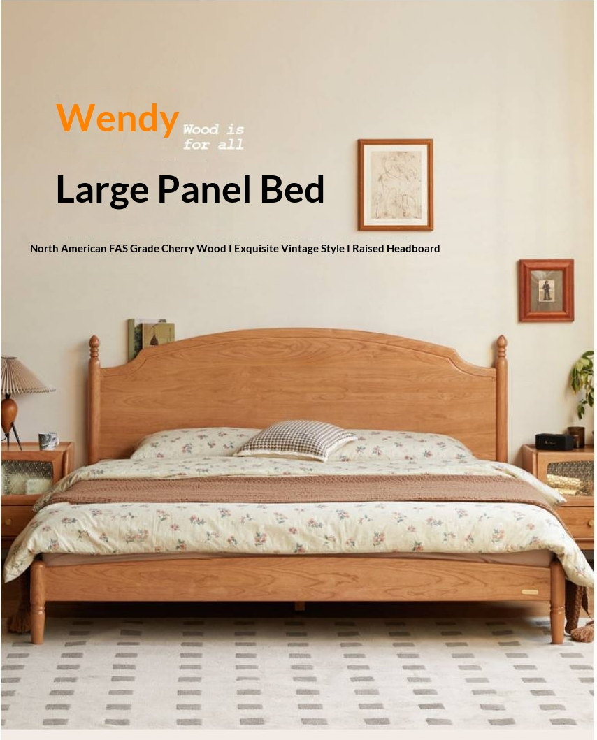 Cherry Solid Wood Bed — French Style Vintage Design