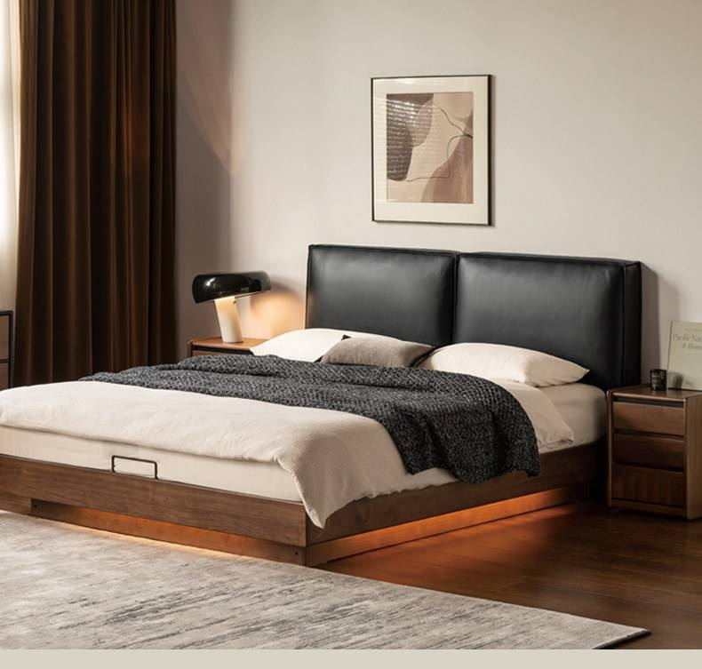 Black Walnut Solid Wood Box Bed — Italian Light Luxury, Genuine Leather Upholstered Headboard