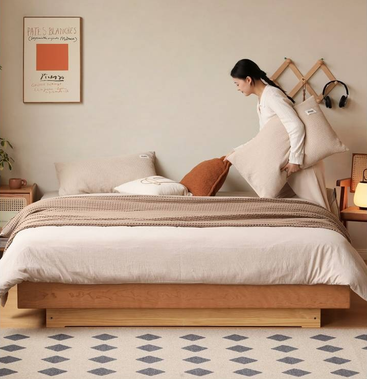 Cherry Solid Wood Floating Platform Box Bed, Headboard-Free Bed