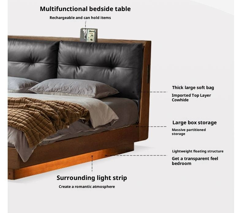 Oak Solid Wood Luxury Genuine Leather Box Bed