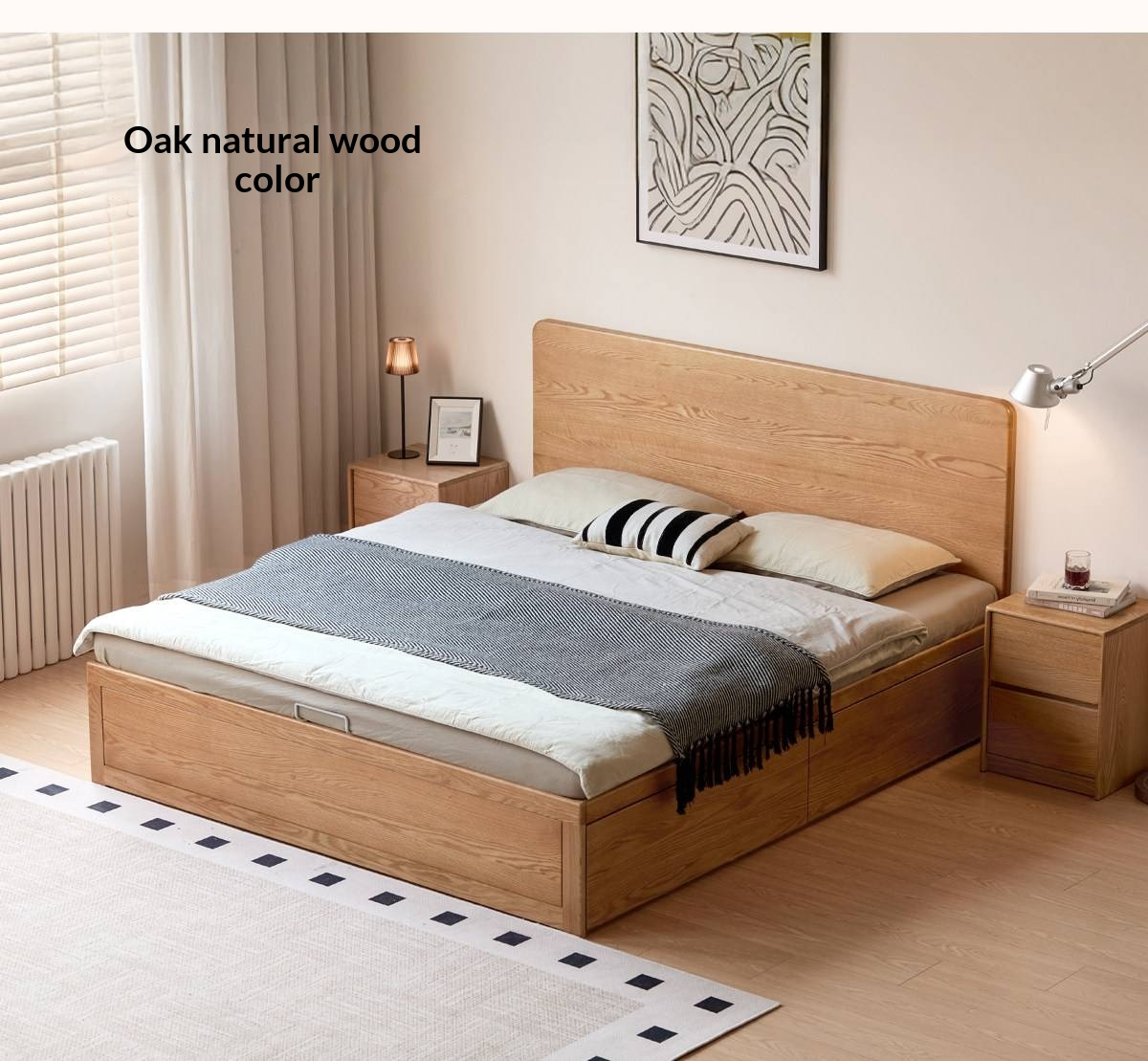 Rubberwood Solid Wood Platform Storage Bed with Gas Lift Base and Side Drawers