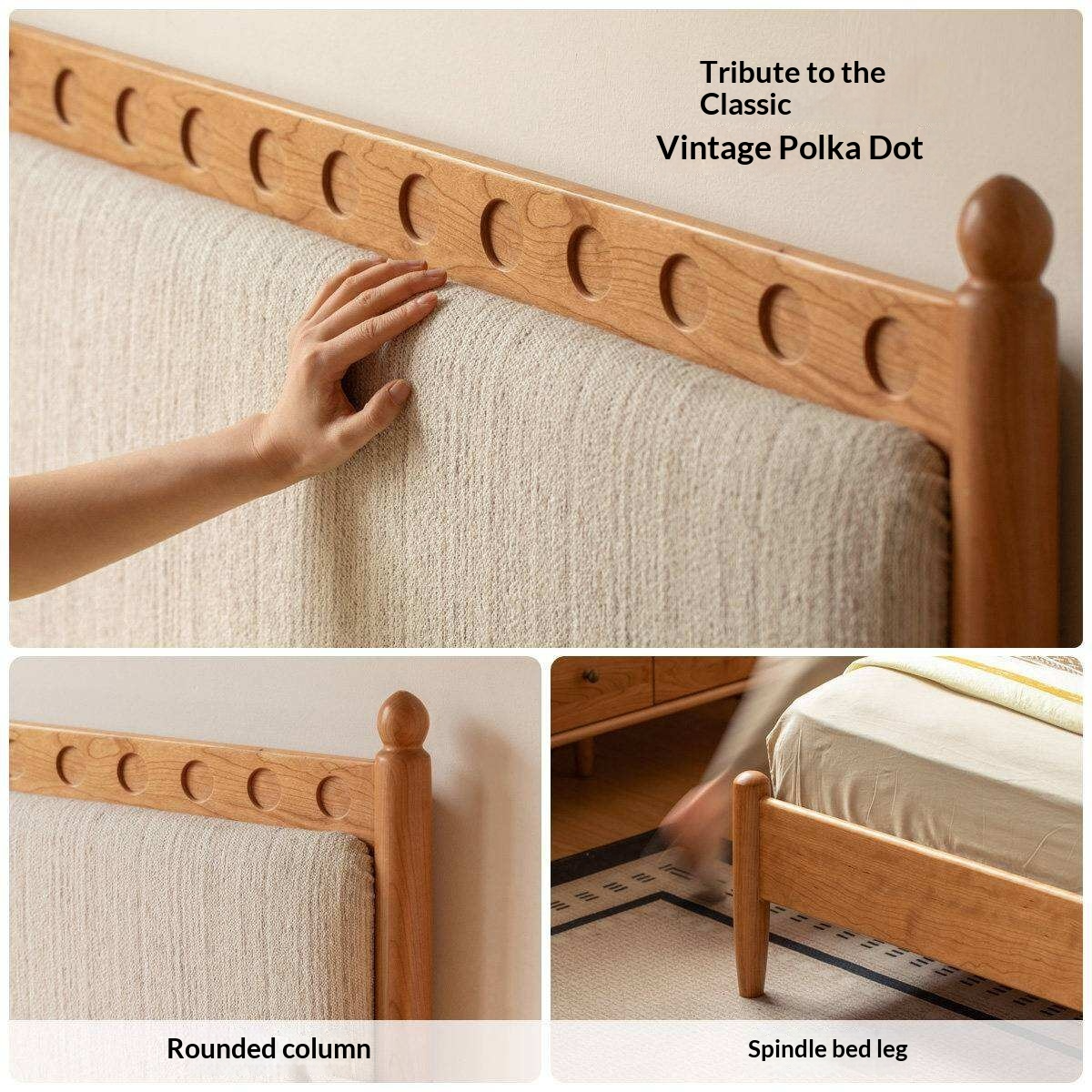 Cherry Solid Wood Double Bed with Vintage Style and Leather Upholstered Headboard