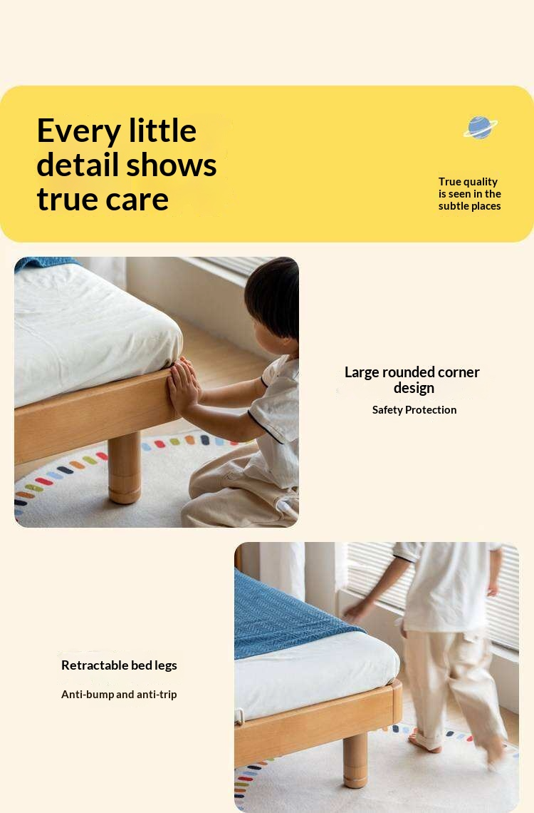 Beech Solid Wood Kids Montessori Platform Bed with Upholstered Headboard