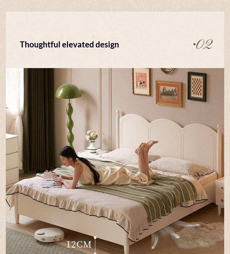 Rubberwood Solid Wood Bed with White Cream Style Large Box Frame