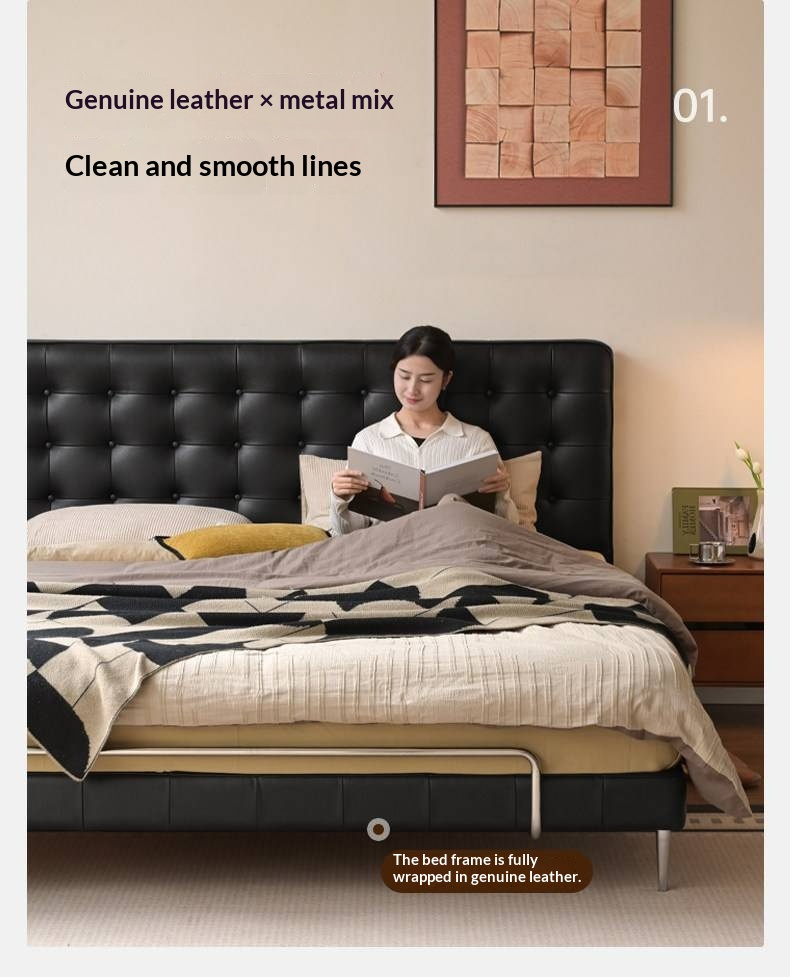 Genuine Leather Bed — Italian Light Luxury, Bauhaus Edge Design, Black Finish
