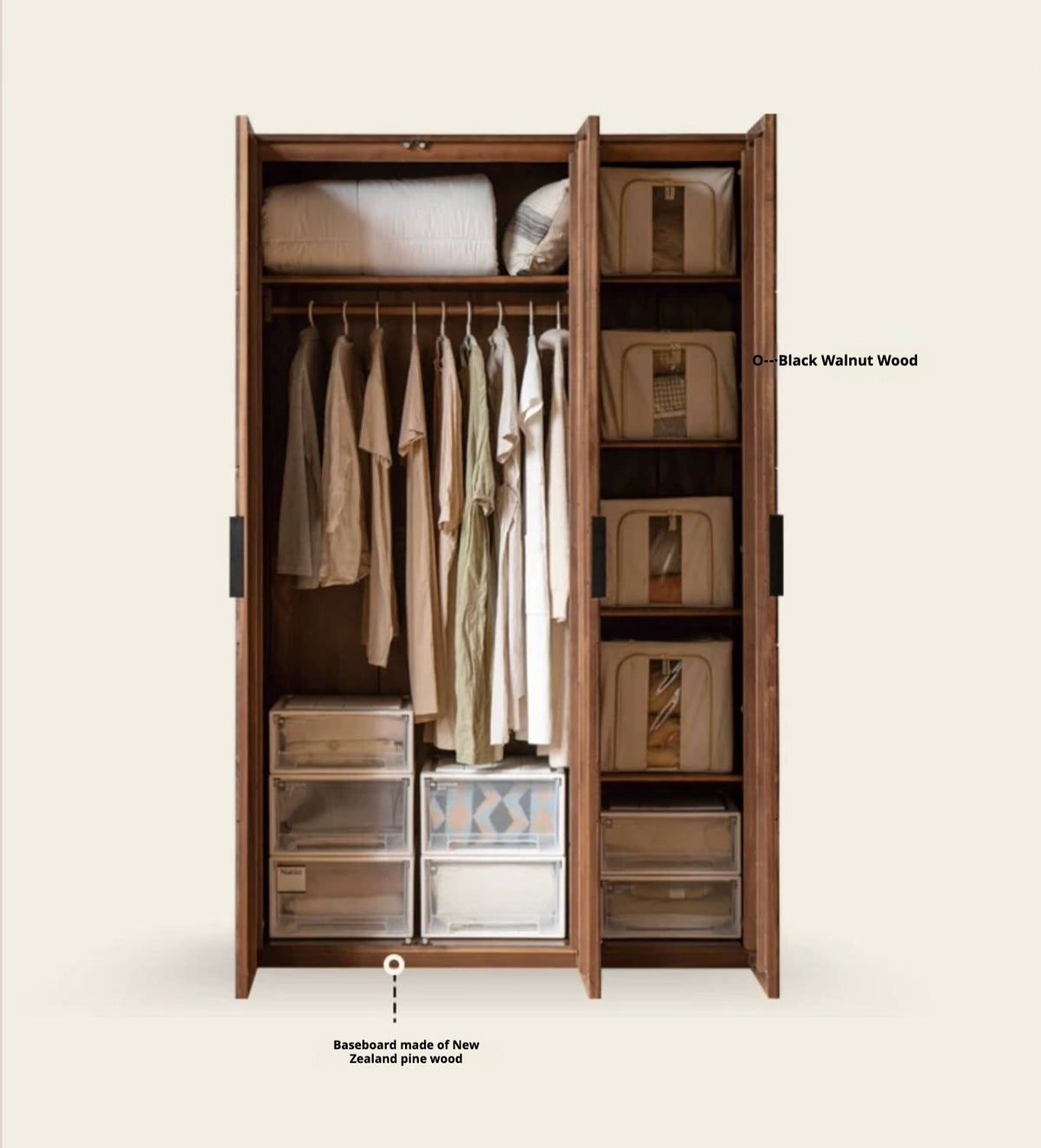 Black Walnut Solid Wood Wardrobe Combination Storage Cabinet
