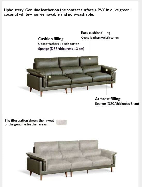 Genuine Leather Deep-Seat High-Back Sofa with Feather-Filled Cushions and Beech Wood Legs