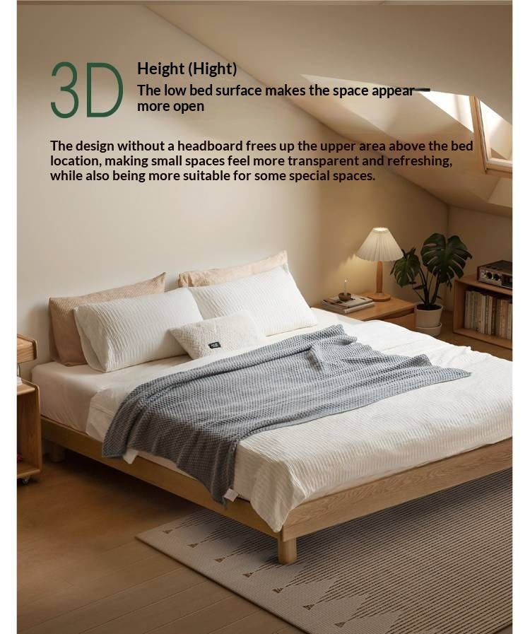 Oak Solid Wood Platform Bed, Headboard-Free Bed