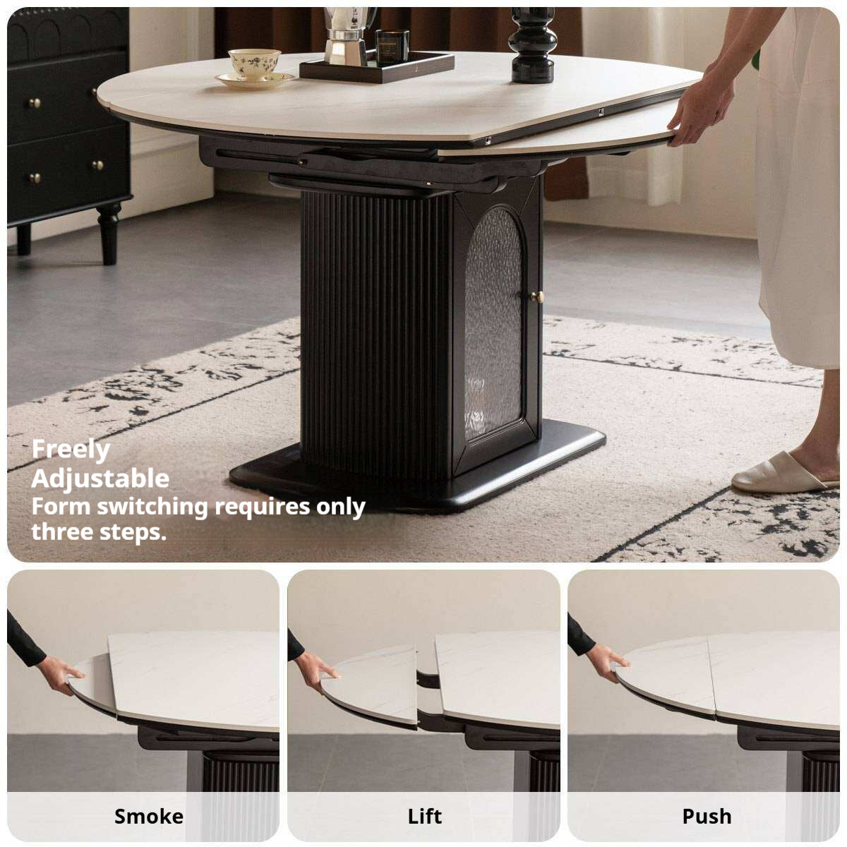 Rubberwood Solid Round Extendable Pedestal Dining Table with Stone Top and Storage Base