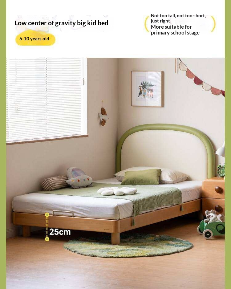 Beech solid wood Kids Bed with Round Headboard and Adjustable Height Legs