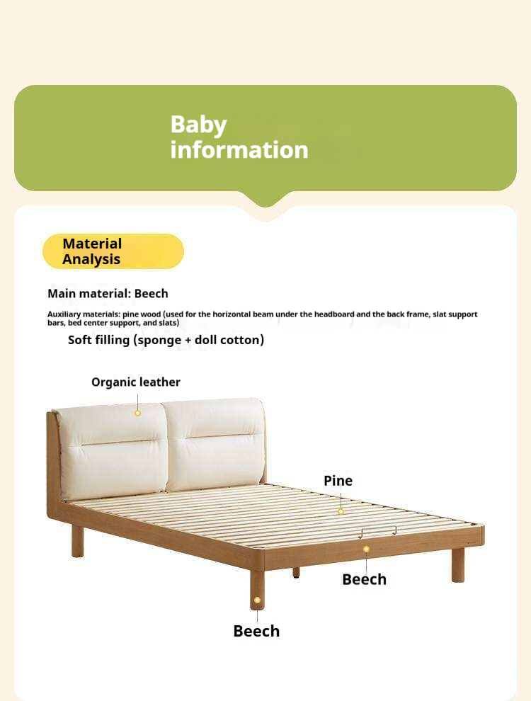 Beech Solid Wood Adjustable Height Kids Bed with Upholstered Segmented Headboard