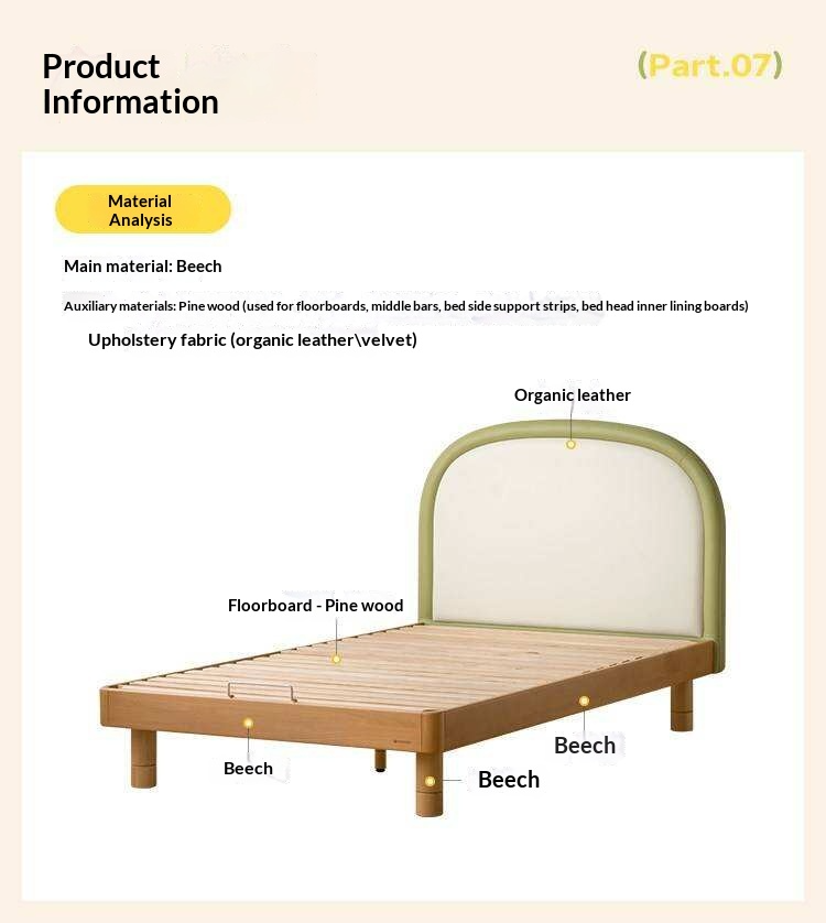 Beech solid wood Kids Bed with Round Headboard and Adjustable Height Legs
