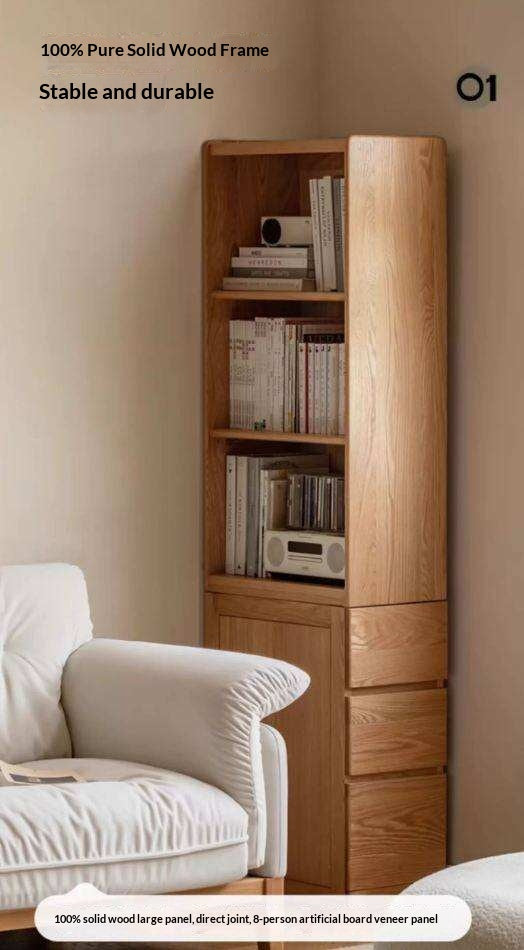 Oak Solid Wood, Solid Rubberwood Bookcase, Floor-Standing Storage Cabinet