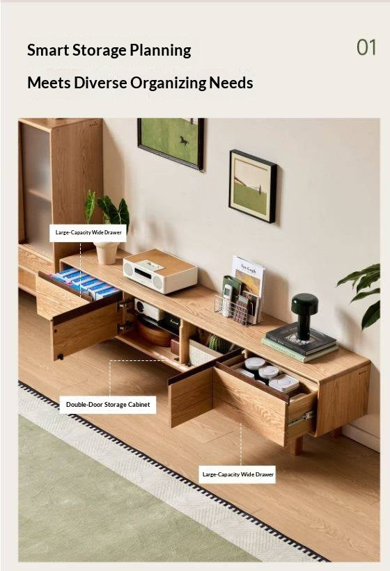 Oak Solid Wood Scandinavian TV Console with Two-Tone Color Block Doors