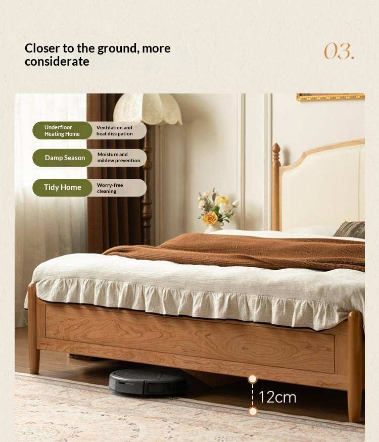 Cherry Solid Wood Box Bed with French Country Arched Upholstered Headboard and Spindle Posts