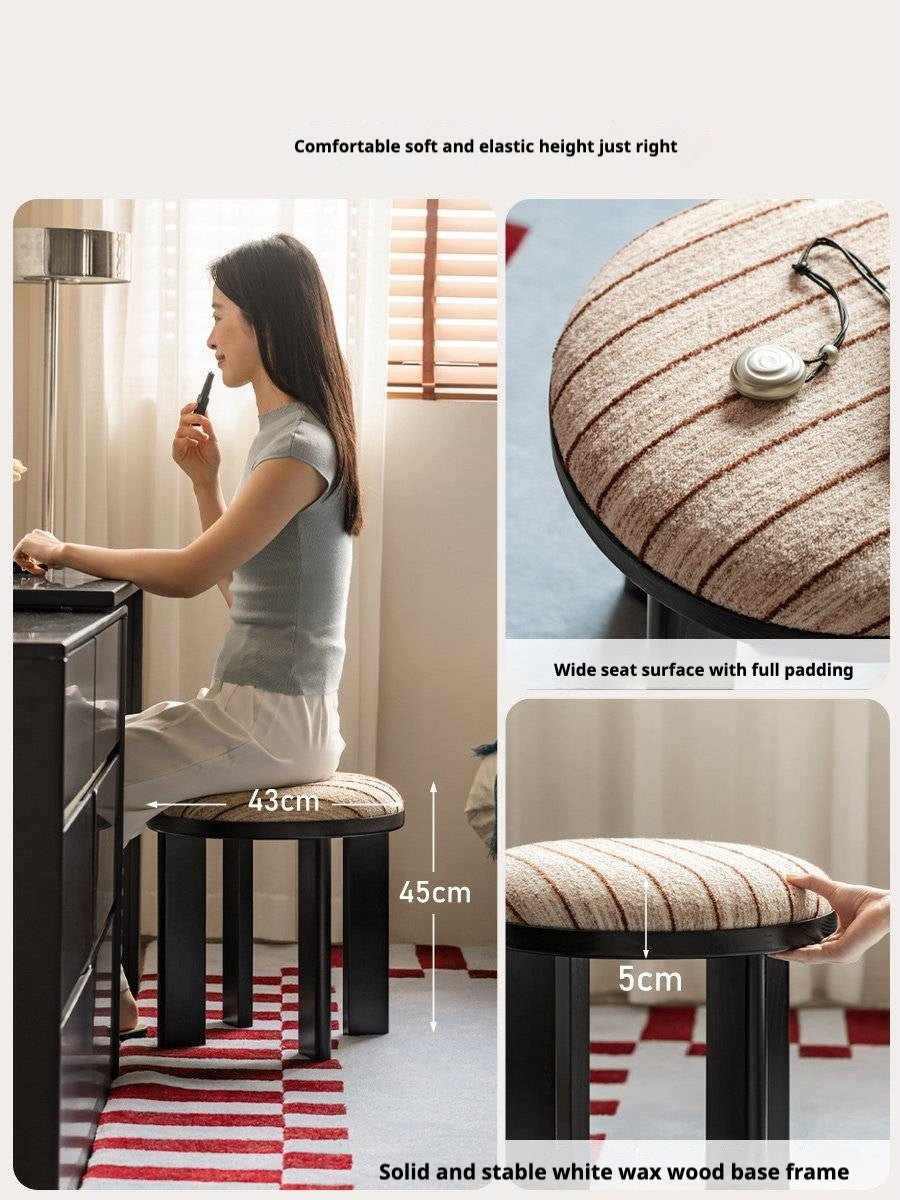 Ash Solid Wood Round Upholstered Stool with Slab Wood Legs