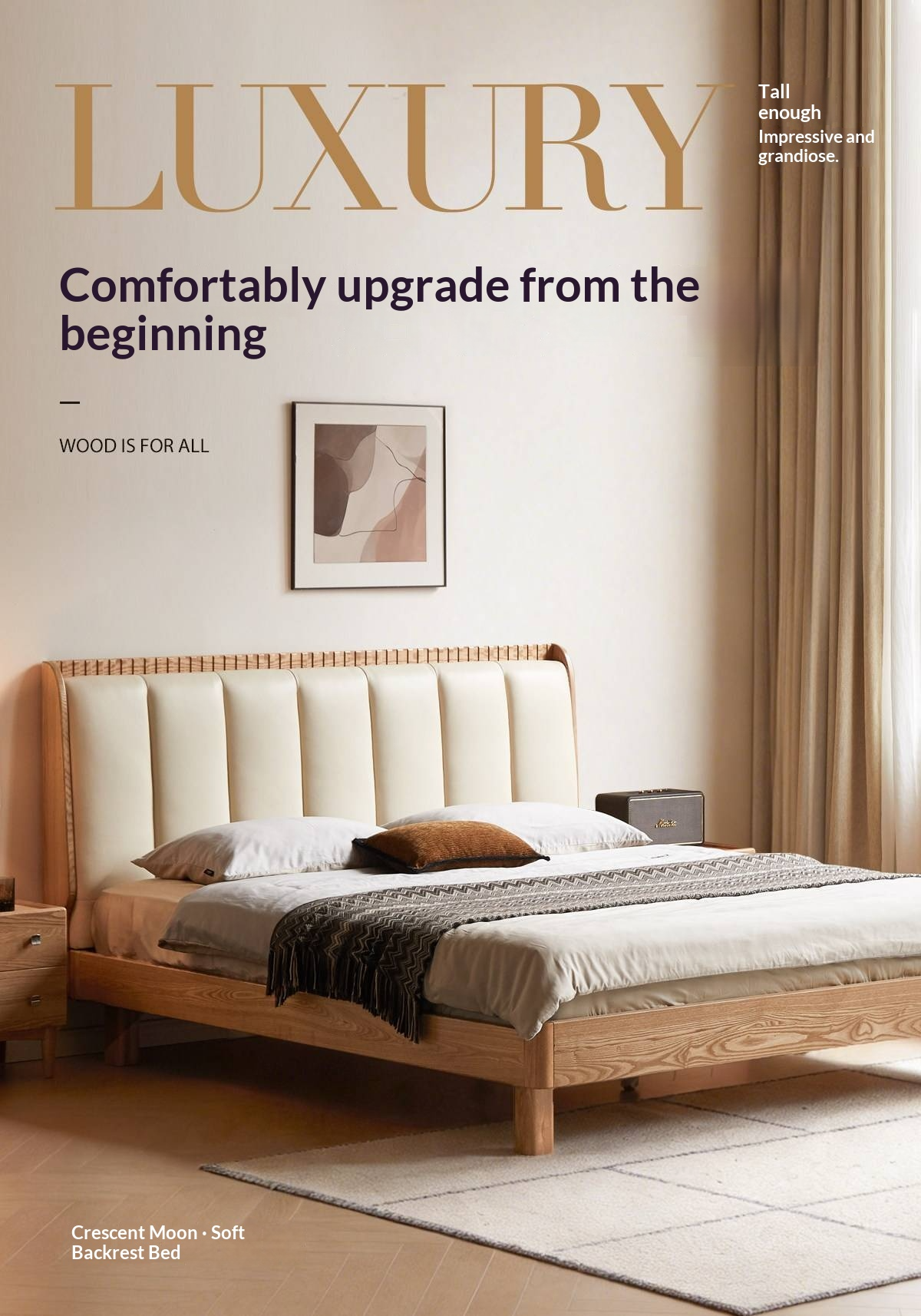 Ash Solid Wood Bed with Genuine Leather Upholstered Headboard