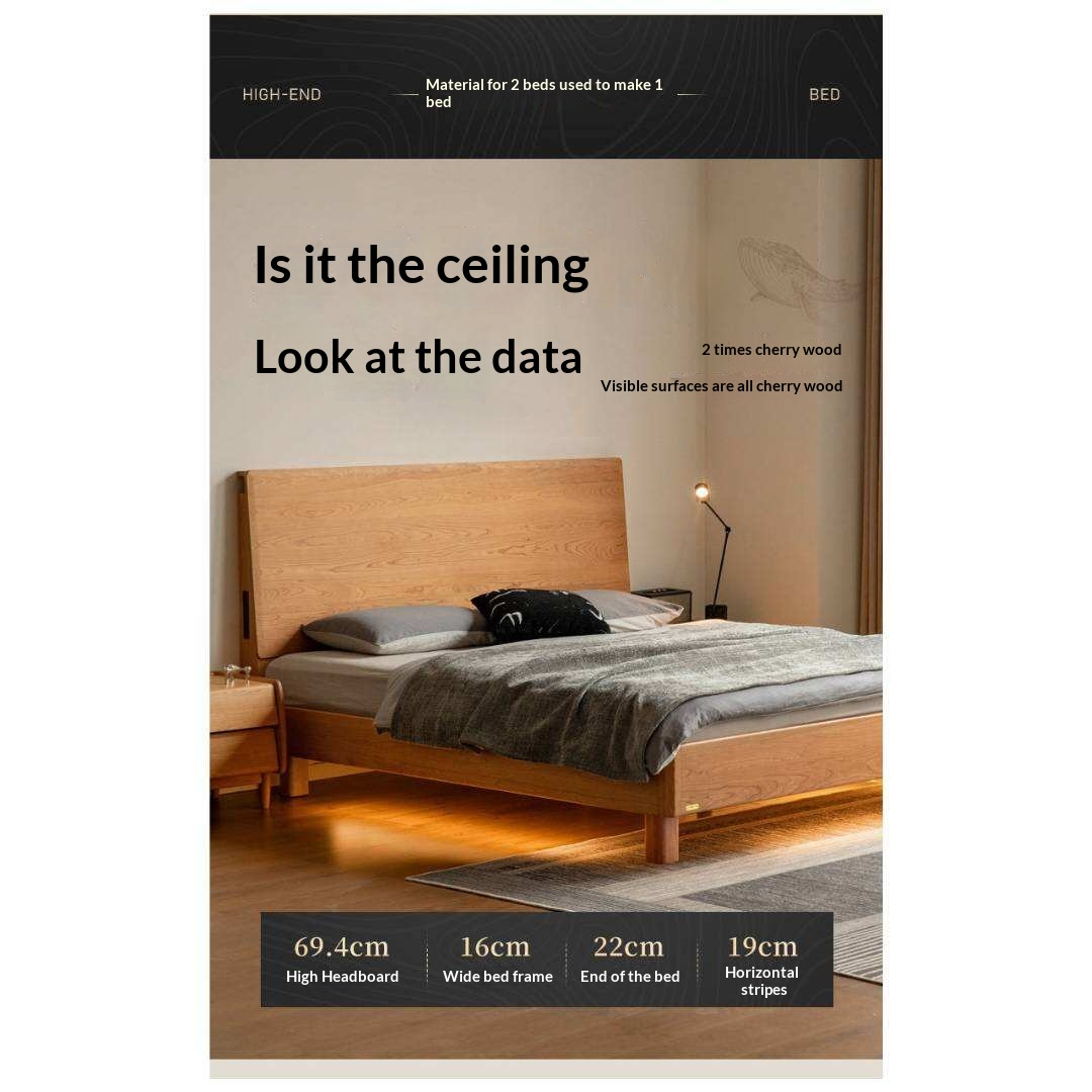 Cherry Solid Wood Bed Modern Minimalist Luminous Bed