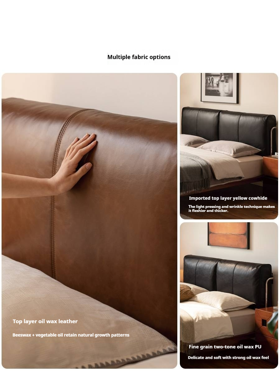 Genuine Leather Bauhaus Style Double Bed with Top Grain Cowhide Soft Backrest