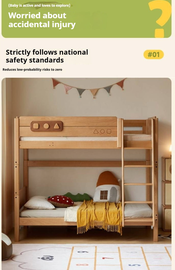 Beech Solid Wood Convertible Bunk Bed with Storage Drawers