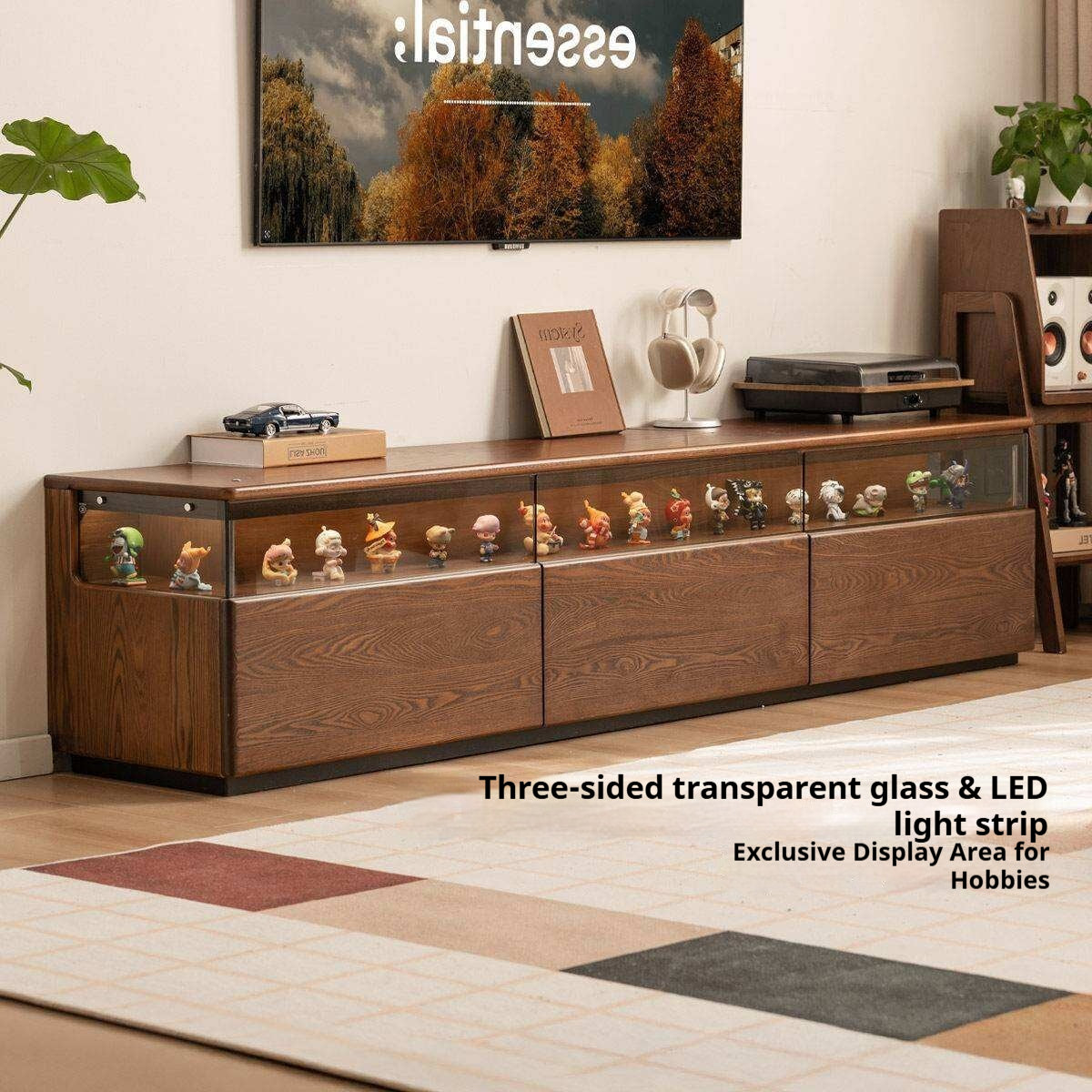 Ash Solid Wood TV Cabinet with Floor-Standing Storage and Display Shelves