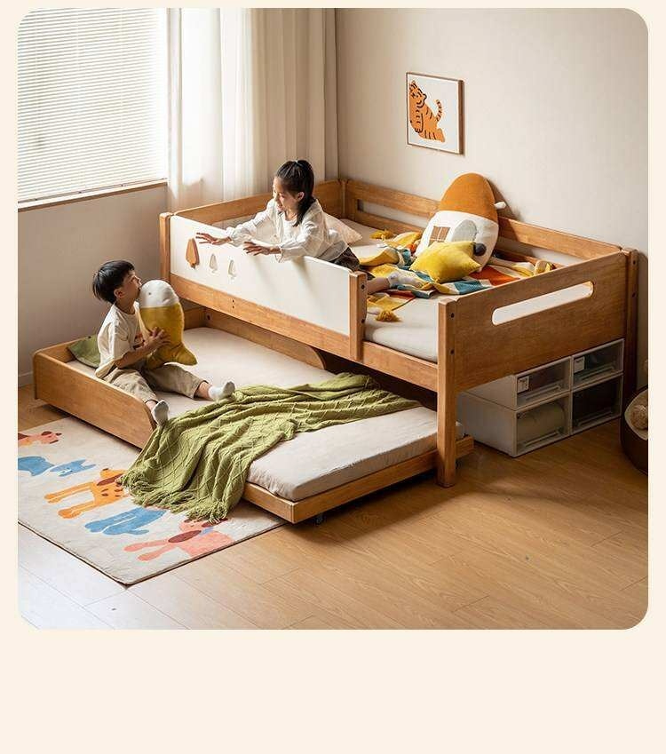 Rubberwood Solid Wood Kids Daybed with Trundle and Safety Guardrails