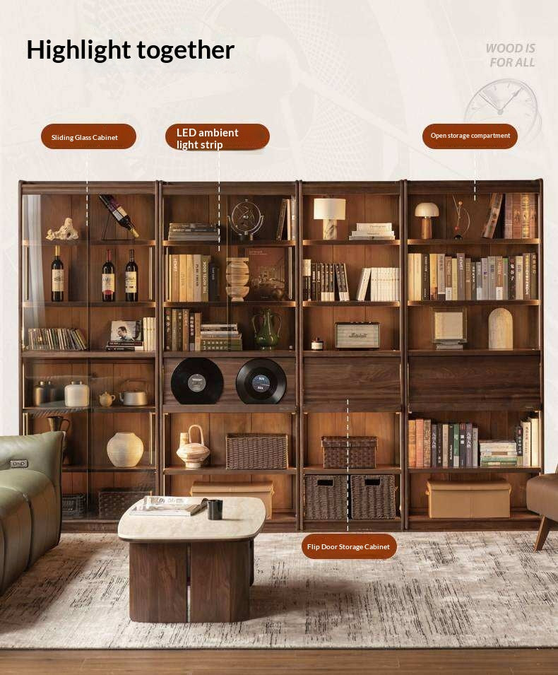 Black Walnut Solid Wood Combination Bookcase with Wall Storage and Floor Display