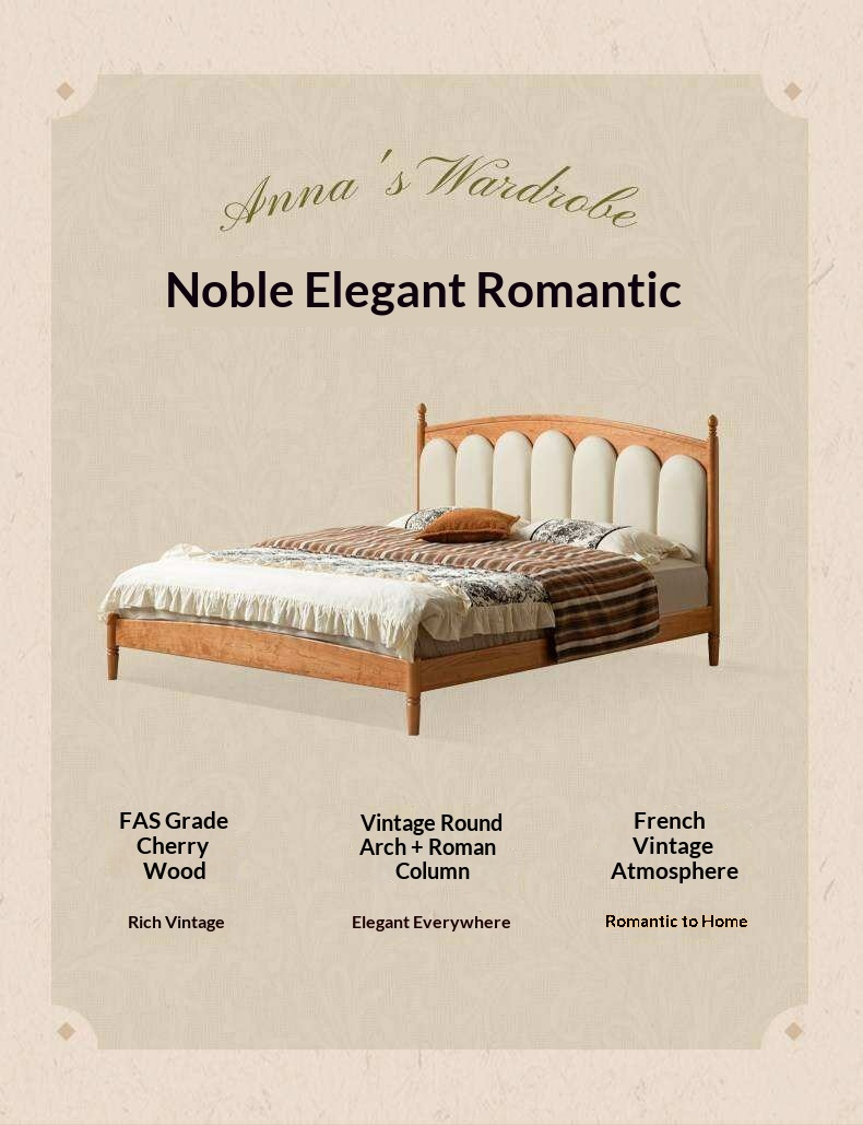 Cherry Solid Wood Genuine Leather, Velvet French-Inspired Scalloped Headboard Bed