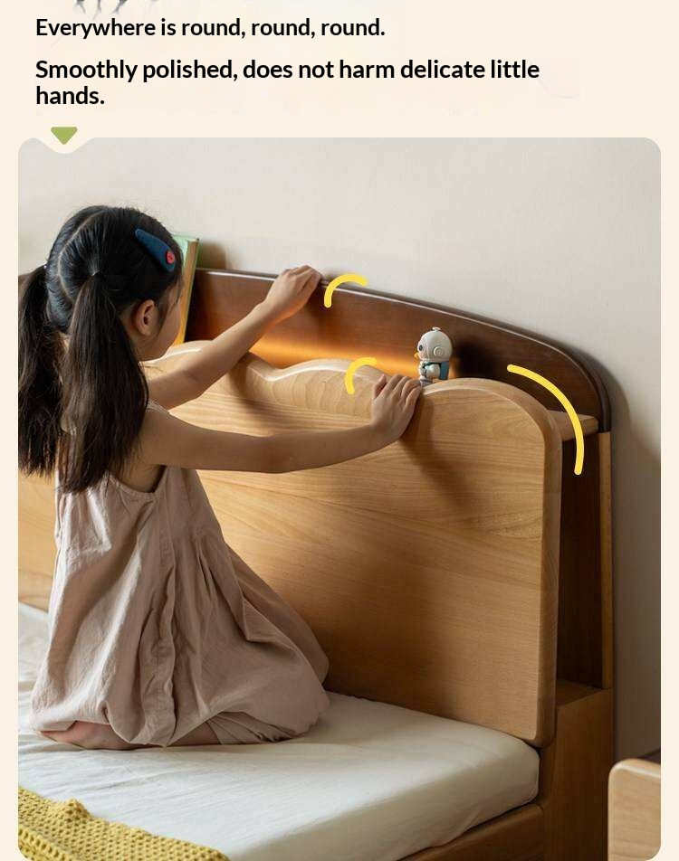 Beech Solid Wood Kids Bed with Scalloped Headboard and Hidden Storage