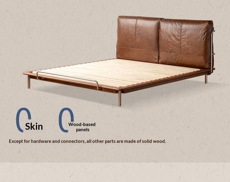 Genuine Leather Bauhaus Style Double Bed with Top Grain Cowhide Soft Backrest