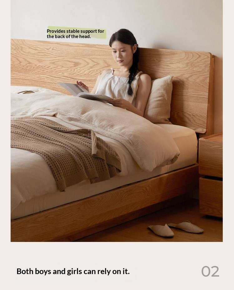 Oak Solid Wood Bed — Modern Minimalist Slab Box Design