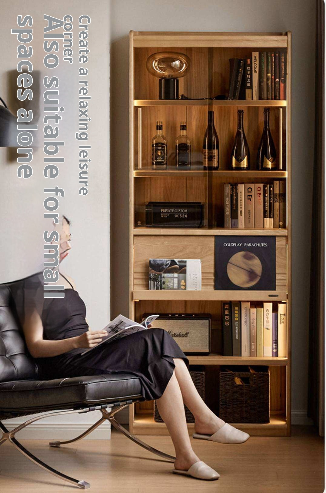 Oak Solid Wood Display Bookcase with Wall-Mounted Option and Storage Cabinet
