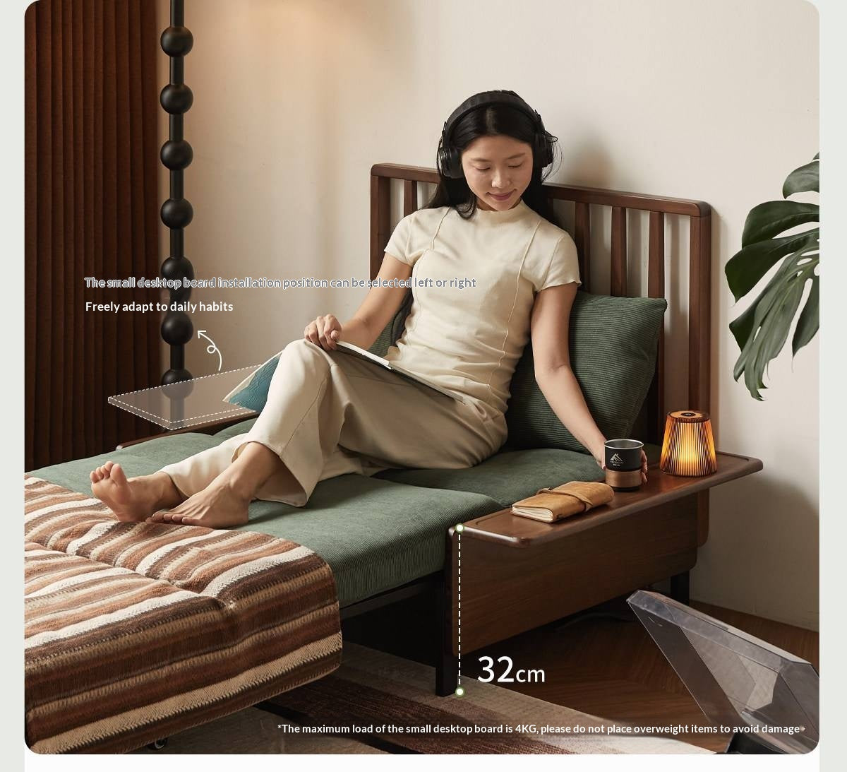 Black Walnut, Oak Solid Wood Sleeper Chair-sofa Bed with Attached Fold-Out Side Tray