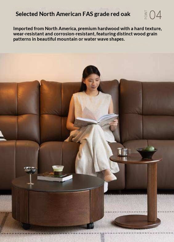 Oak Solid Wood Coffee Table with Layered Round Design and Rock Top