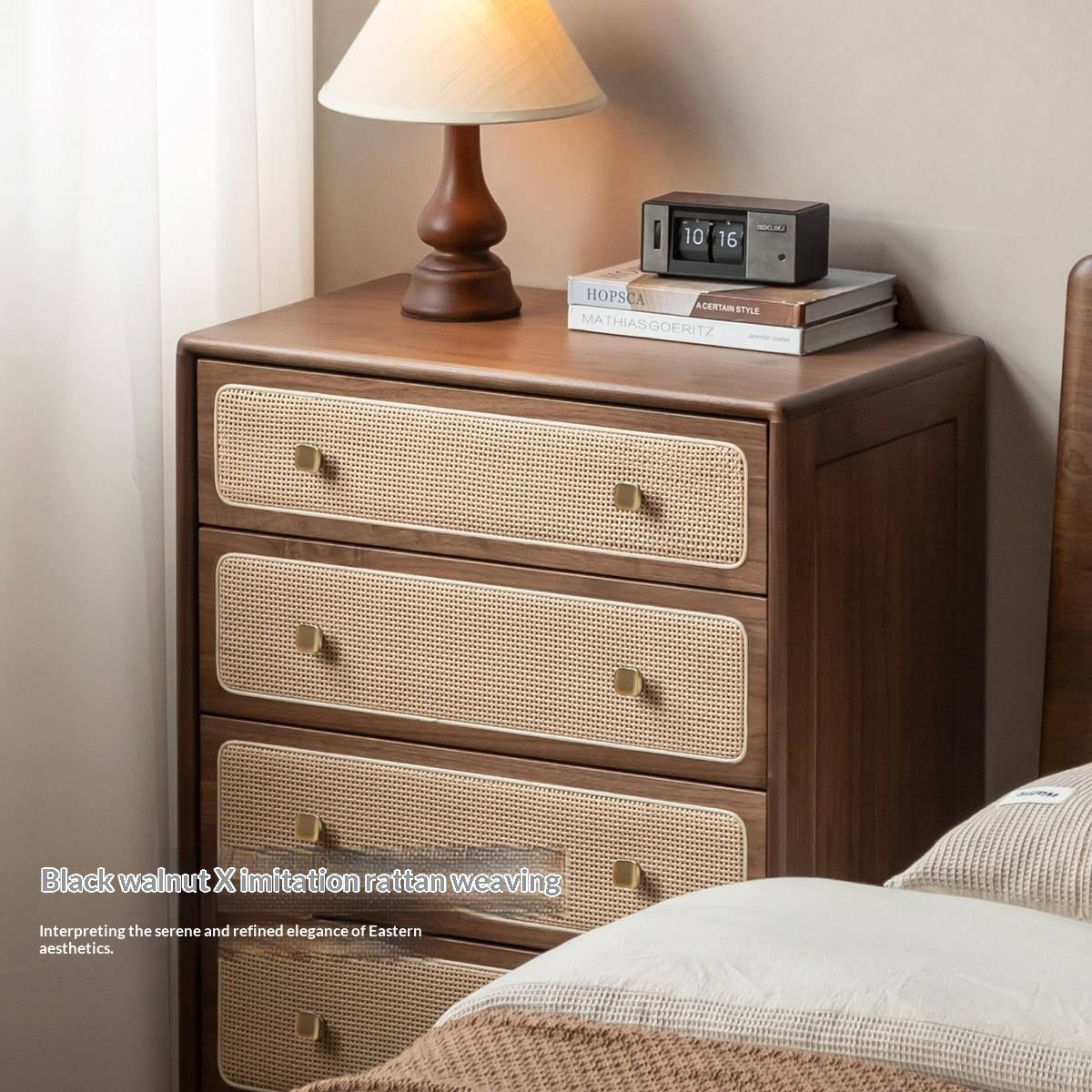 Oak, Black Walnut Solid Wood Cabinet Modern Rattan Storage Cabinet.