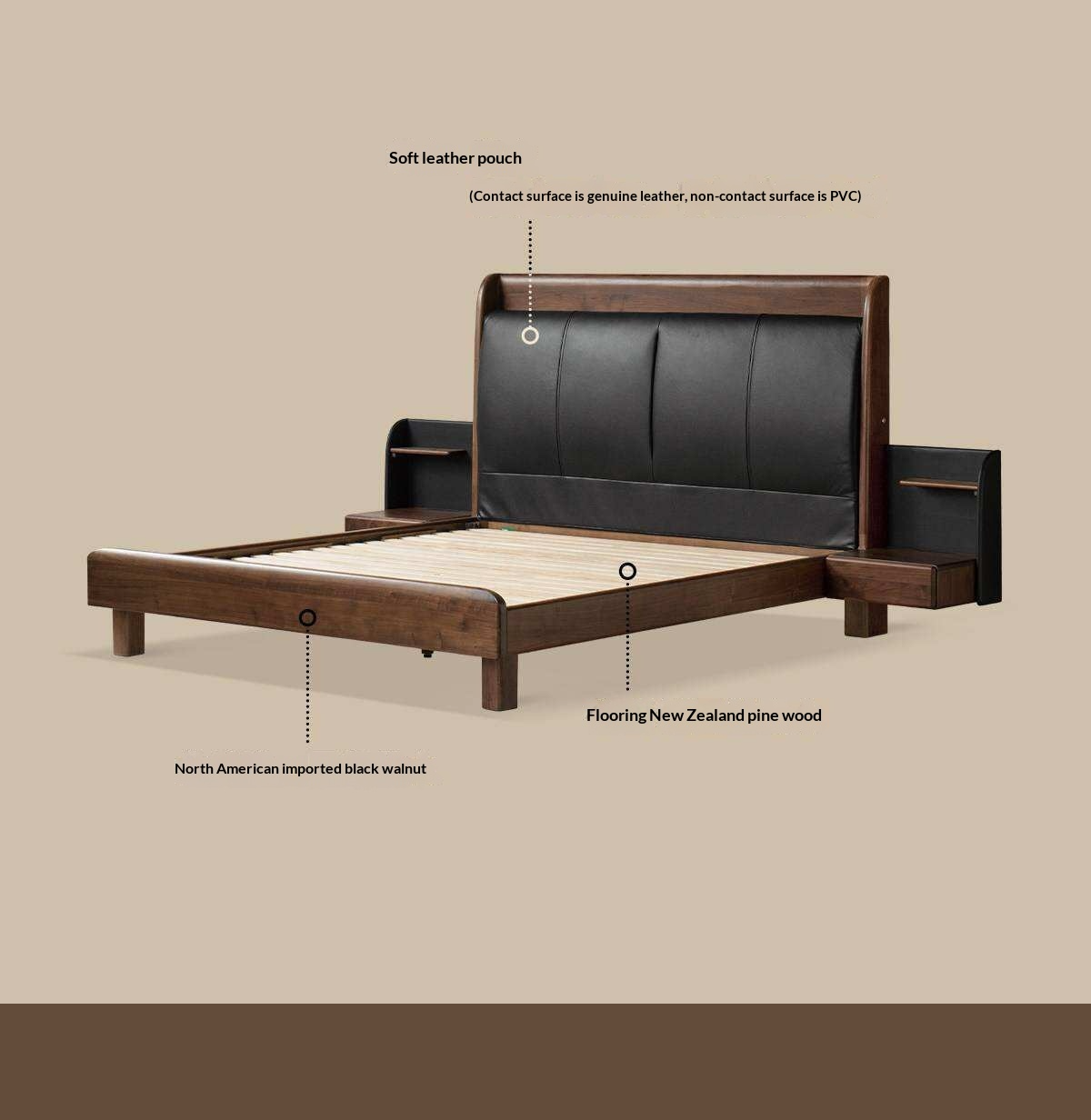Black Walnut Solid Wood Genuine Leather Curved Leather Bed with Floating Base and LED Lighting