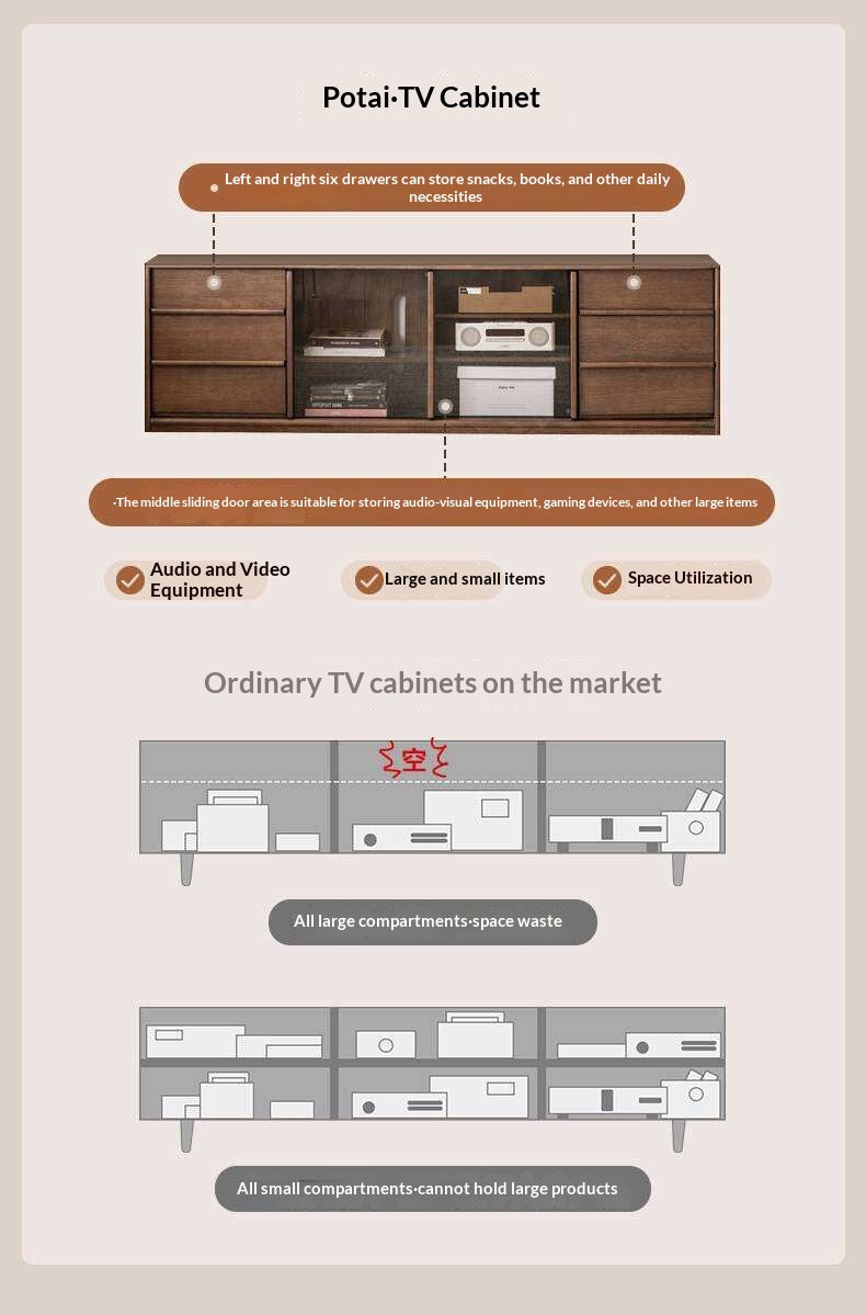 Black Walnut Solid Wood TV Cabinet with Large Storage