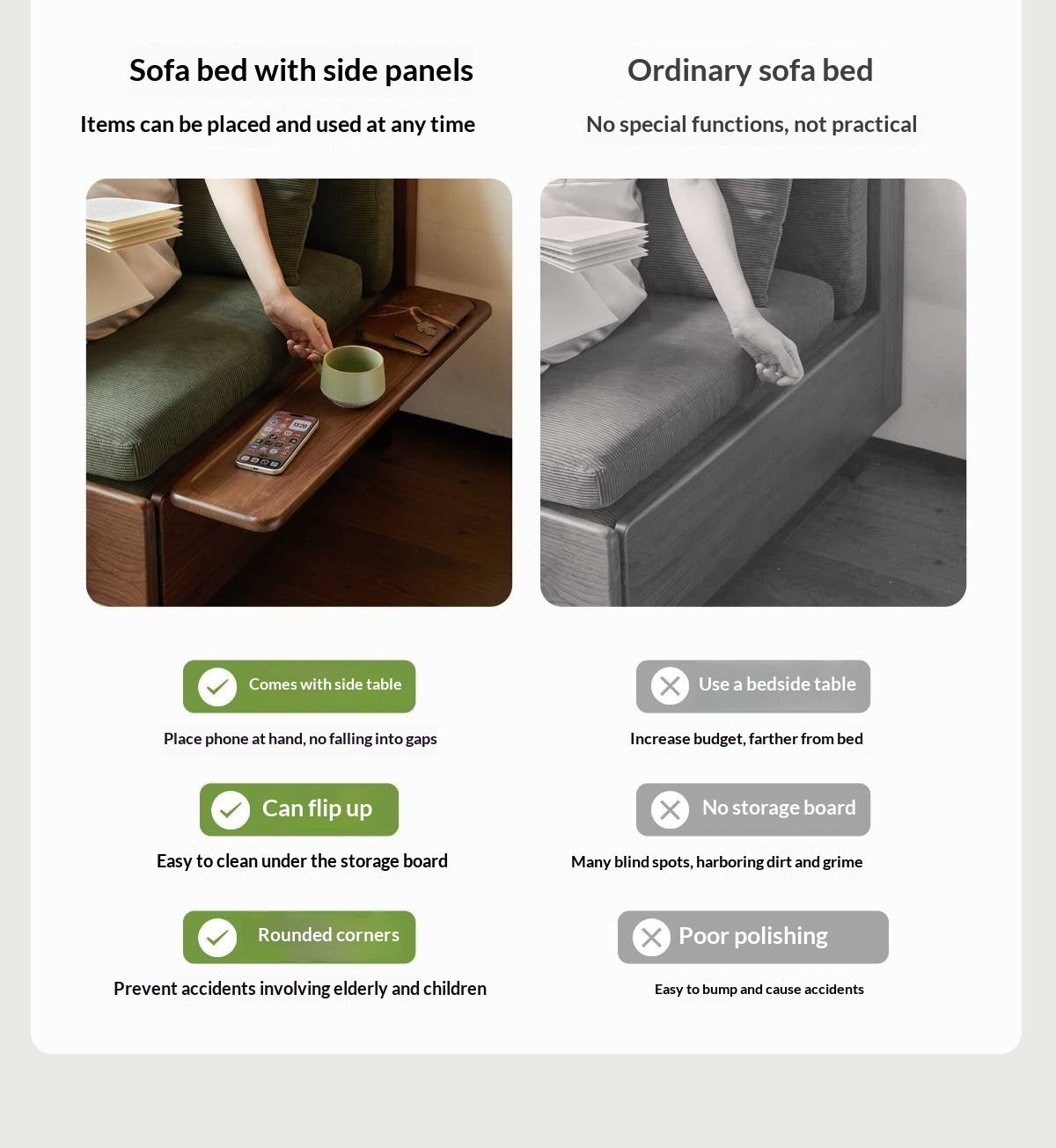Black Walnut, Oak Solid Wood Sleeper Chair-sofa Bed with Attached Fold-Out Side Tray