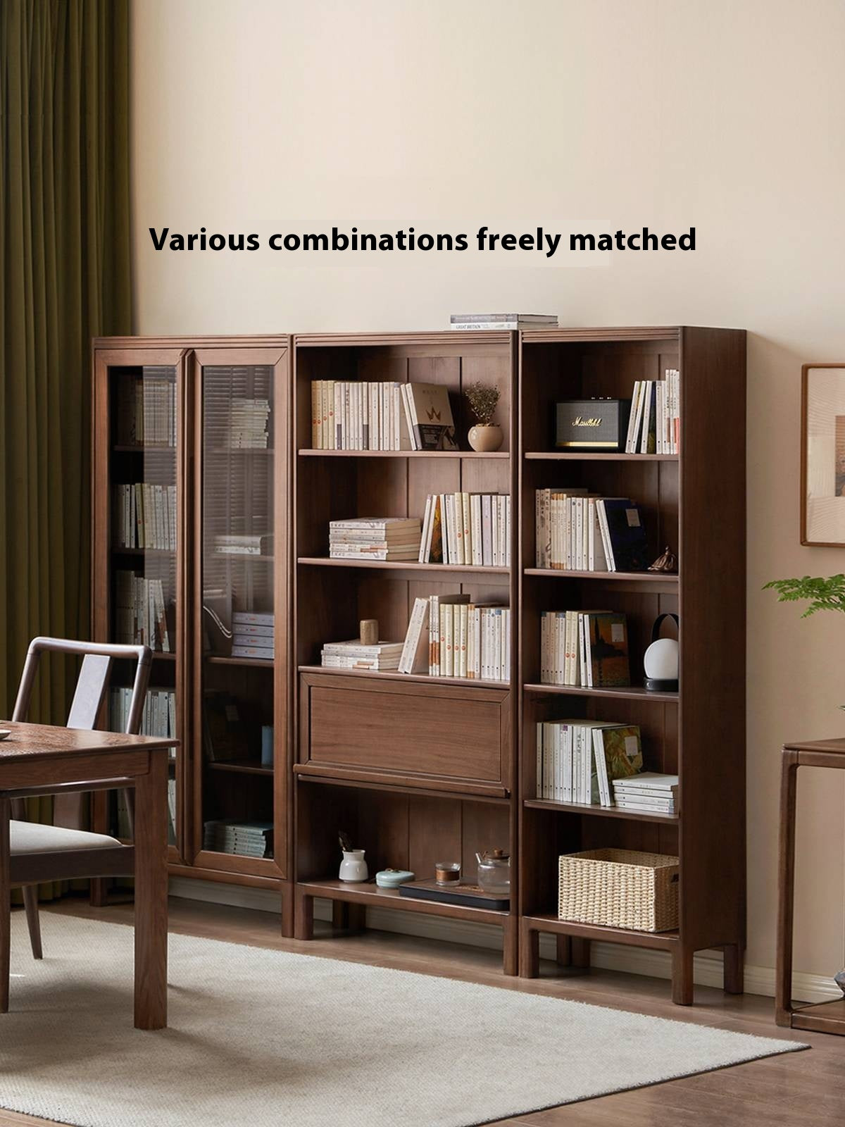 Black Walnut, Oak Solid Wood Nordic Bookcase with Glass Door