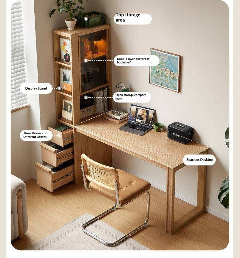 Oak Solid Wood Computer Desk with Integrated Frame and Minimalist Design