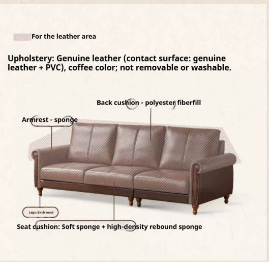 Genuine Leather Roll Arm Leather Sofa with Nailhead Trim