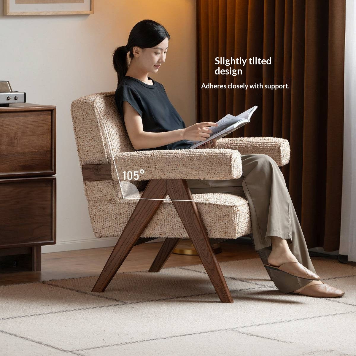 Ash solid wood Accent Armchair, Upholstered Lounge Chair with Angled A-Frame Legs and Wide Padded Armrests