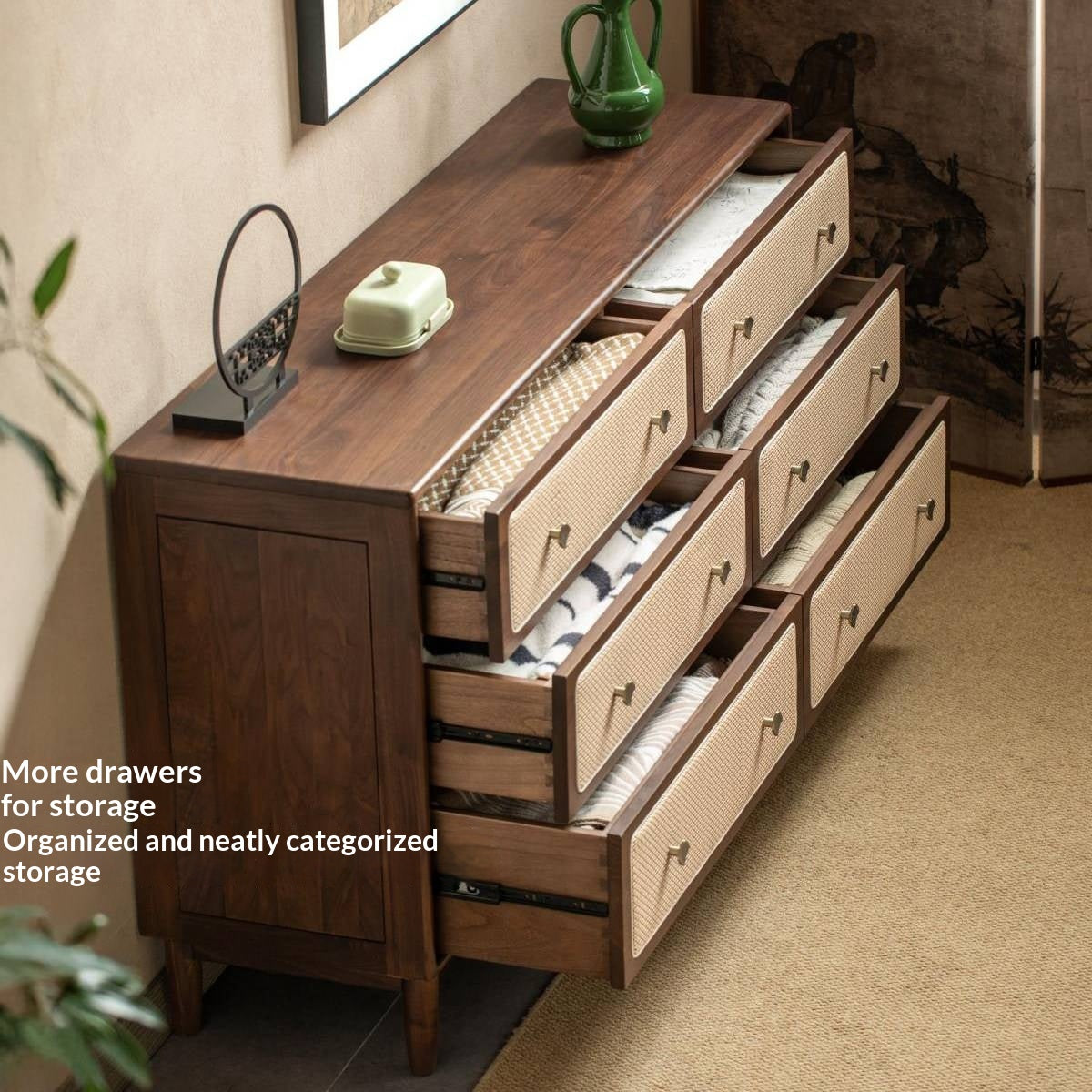 Oak, Black Walnut Solid Wood Cabinet Modern Rattan Storage Cabinet.