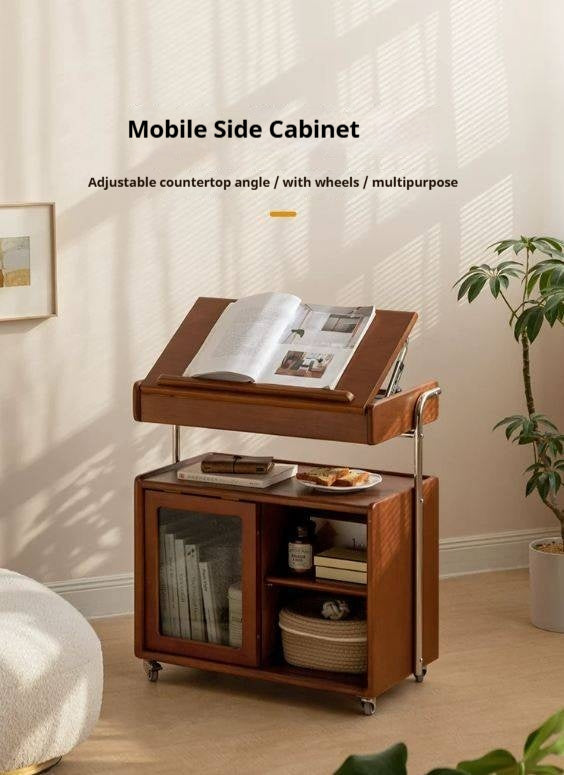 Poplar, Tulipwood, Oak Solid Wood Adjustable Lift-Top Mobile Side Cabinet with Fluted Glass Door and Integrated Reading Table Design