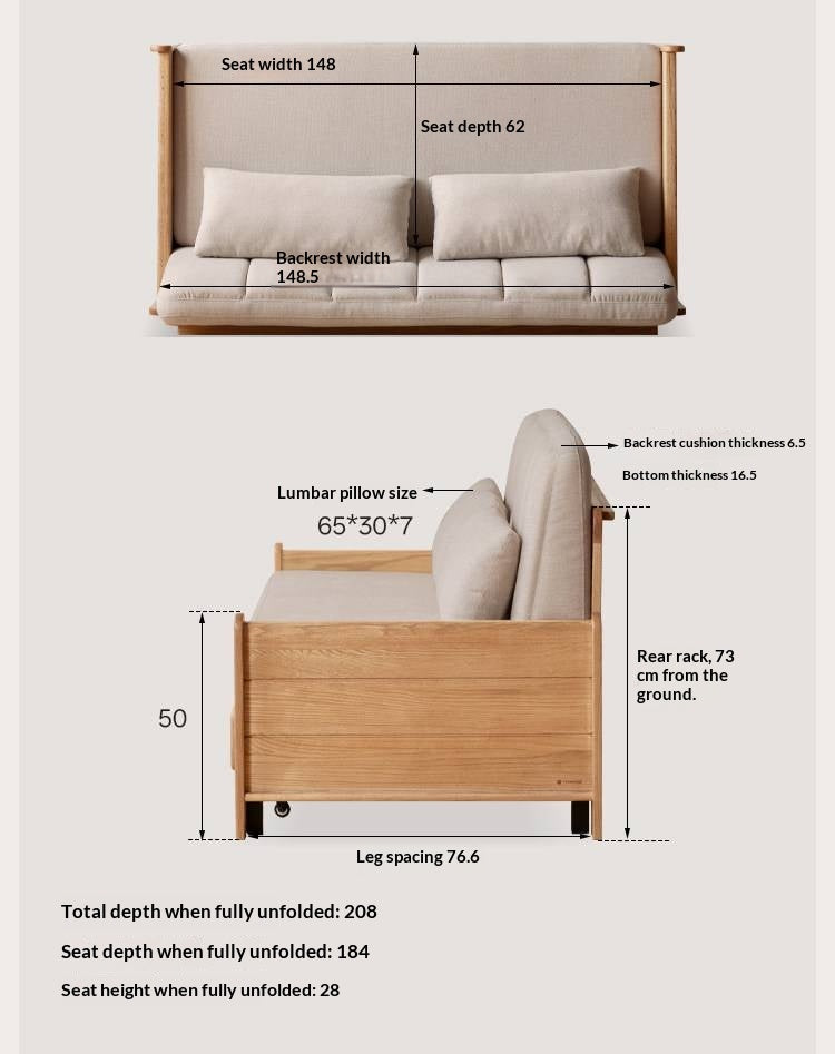 Ash, Oak Solid Wood Sleeper Sofa with Solid Wood Armrests and Built-In Wheels