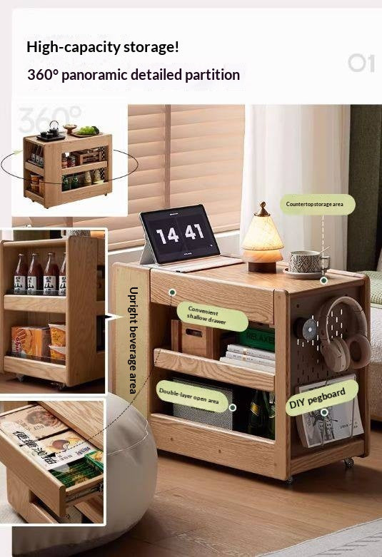 Oak Solid Wood Side Table with Mobile Trolley and Storage Functionality